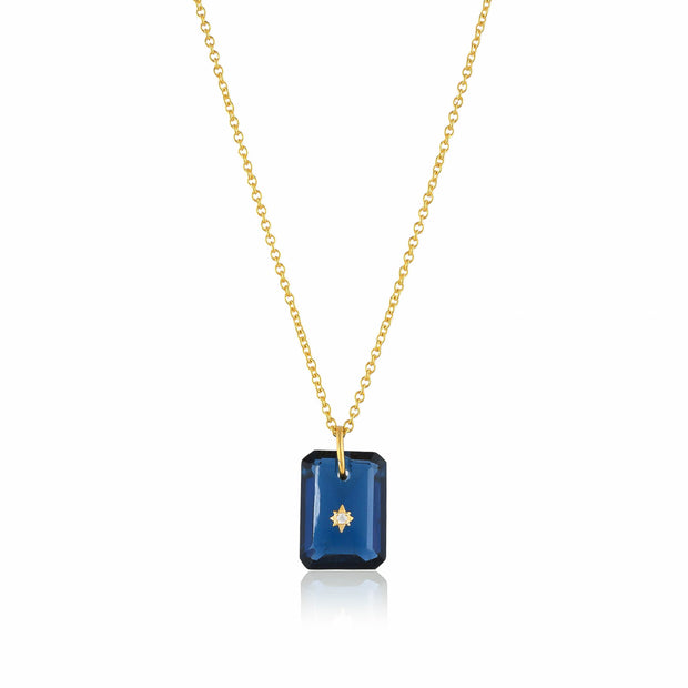 Pure 925 silver with 18k gold plating with blue sapphire hydro quartz stone with CZ star in center necklace with chain