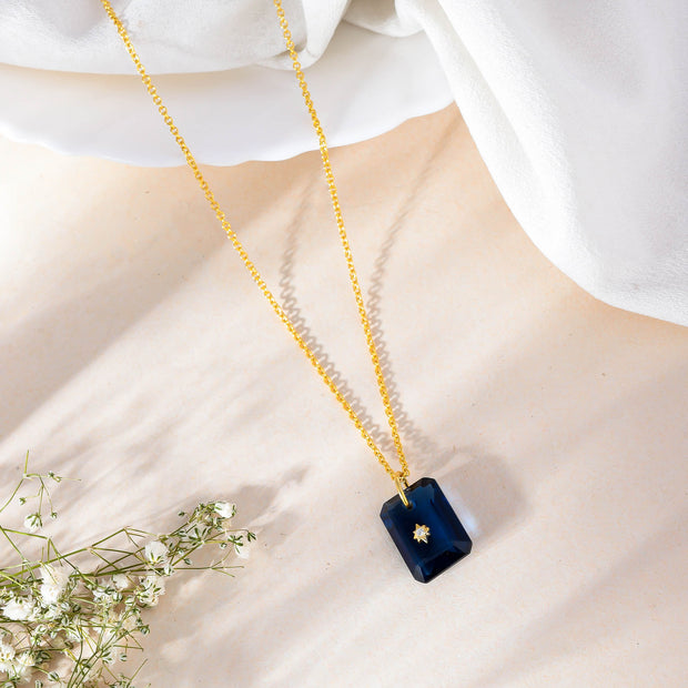 Pure 925 silver with 18k gold plating with blue sapphire hydro quartz stone with CZ star in center necklace with chain