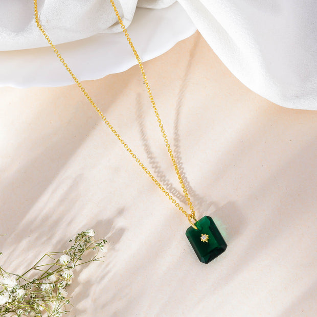 Pure 925 silver with 18k gold plating with Emerald hydro quartz stone with CZ star in center necklace with chain