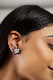 Coin Shape Blue Sapphire Pearl Silver Stud Earring