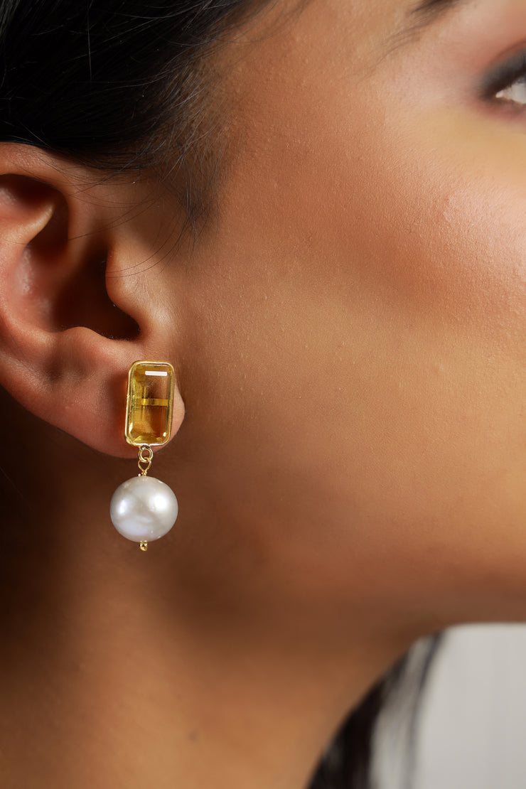 cushion shape citrine pearl earring