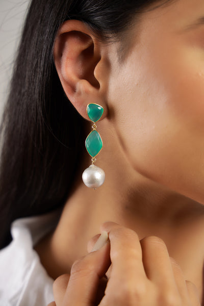 Sea Green Onyx Pearls Silver Earrings