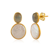 Labradorite Coin Shape Pearl Silver Earring