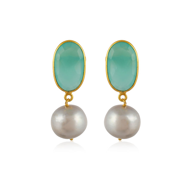 Sea Green Onyx Pearls Silver Earrings