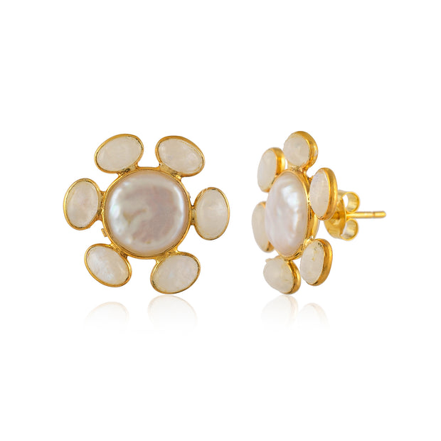 Moonstone Pearl Stud Silver Earring