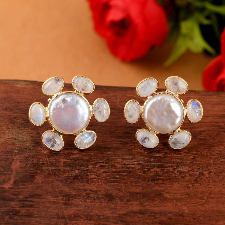 Moonstone Pearl Stud Silver Earring