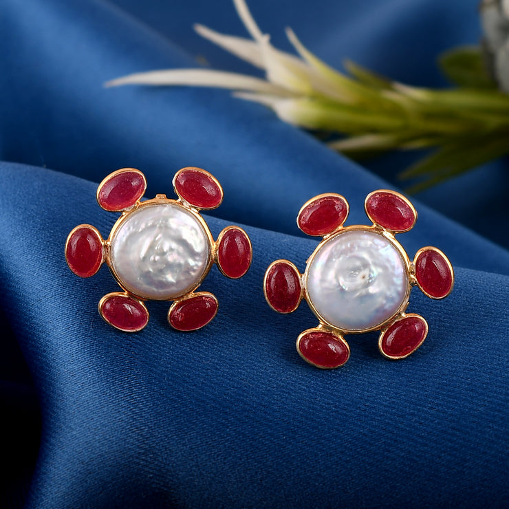 Ruby Pearl Stud Silver Earring