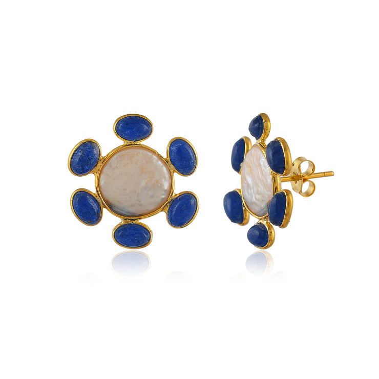 Coin Shape Blue Sapphire Pearl Silver Stud Earring