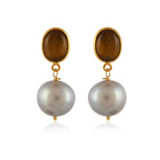 Tiger Eye Gemstone Pearl Silver Earring