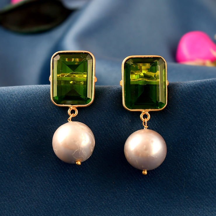 Olive Green Emerald Pearl Silver Earring