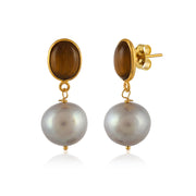 Tiger Eye Gemstone Pearl Silver Earring