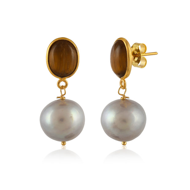 Tiger Eye Gemstone Pearl Silver Earring