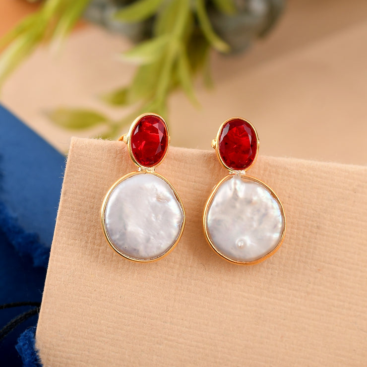 Coin Shape Ruby Pearl Silver Earring