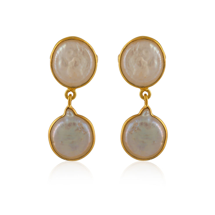 Double Coin Pearl Silver Earrings