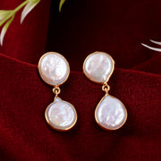 Double Coin Pearl Silver Earrings