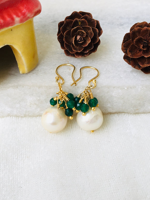 Emerald and Hanging pearls silver Earrings